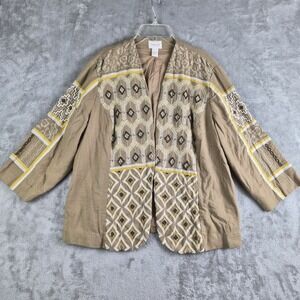 Chicos Jacket Womens 2 Large Tan Linen Blend Open Front Embroidered Boho Tribal